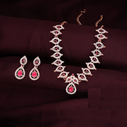 Tehzeeb Creations Pink Colour Ad Studded Necklace Jewellery Set With Matching Earrings For Women And Girls | Grab2Buy