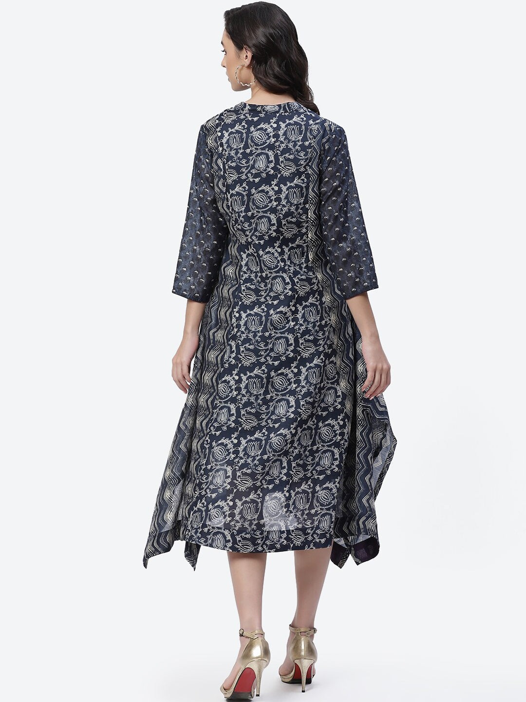 Biba Women Navy Blue Ethnic Motifs Printed Asymmetric Kurta - Grab2buy