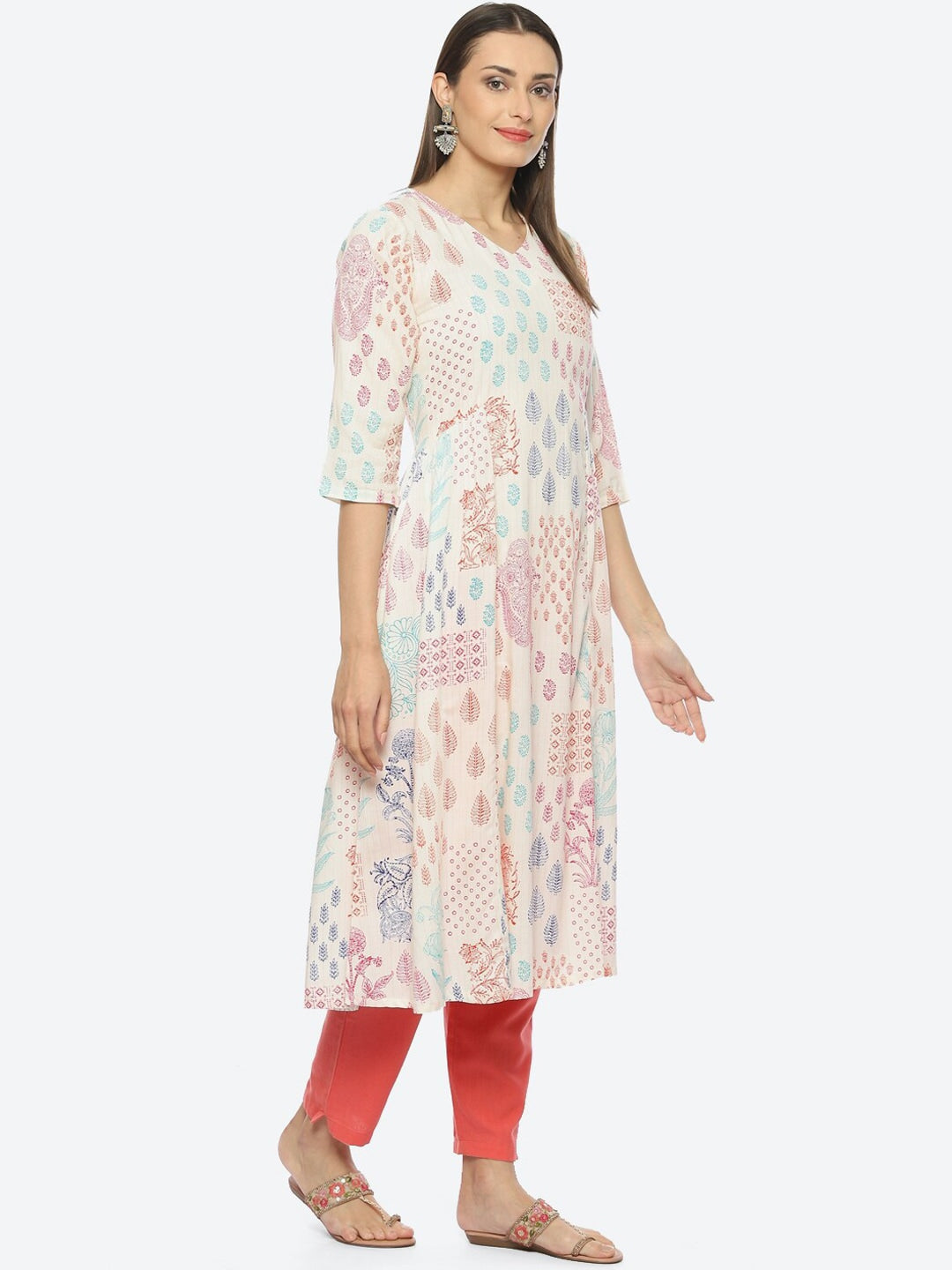 Biba Ethnic Motifs Printed V-Neck A-Line Kurta - Grab2buy