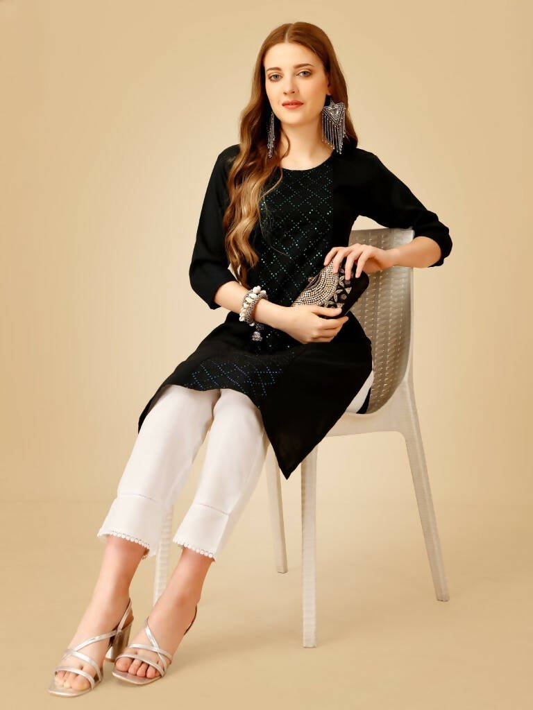 Aastha Fashion Women's Black Cotton Blend Embroidered Kurta Pant Set - Grab2buy