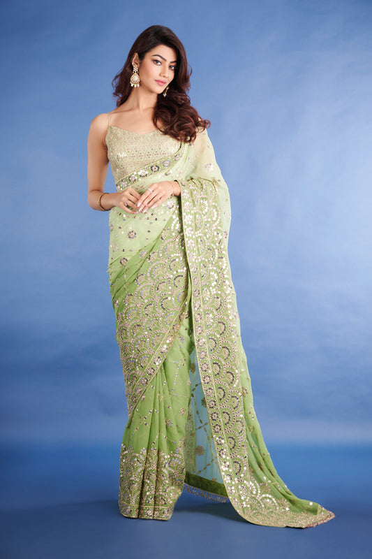 Teeya Creation Mahendi Color Georgette Embroidery Work Saree