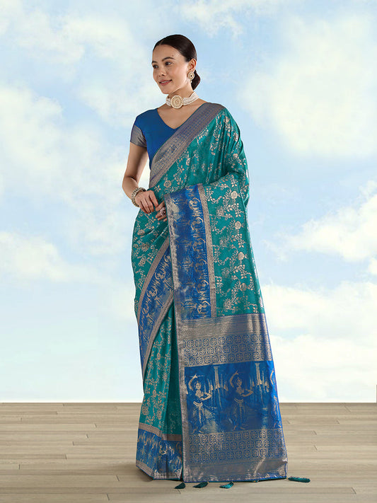 Monjolika Fashion Turquoise Banarasi Silk Saree With Zari Woven Design