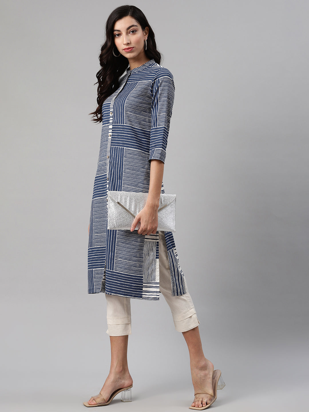 Biba Women Navy Blue & White Striped Kurta with Trousers - Grab2buy