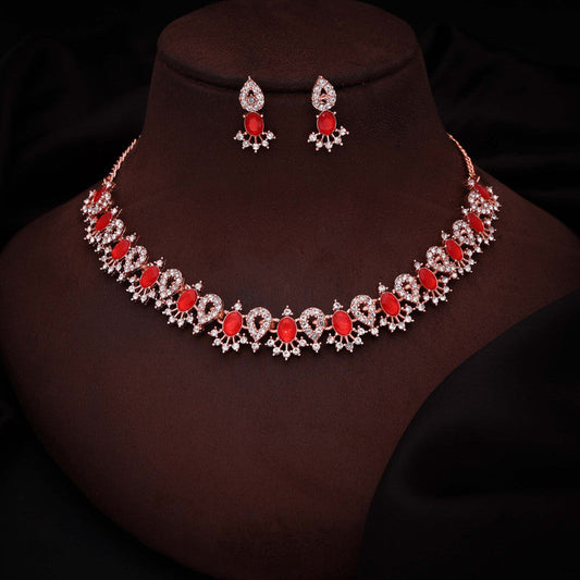 Tehzeeb Creations Red Colour Ad Studded Necklace Jewellery Set With Matching Earrings For Women And Girls Tehzeeb Creations