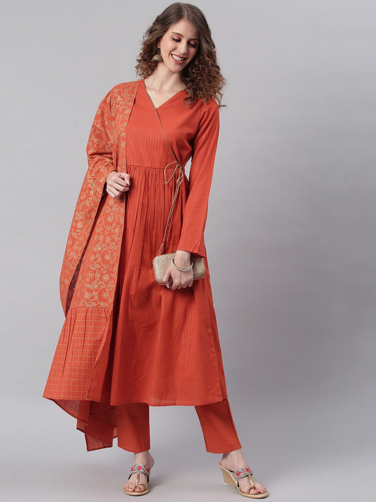 Janasya Women Orange Angrakha Pure Cotton Kurta with Trousers & Dupatta