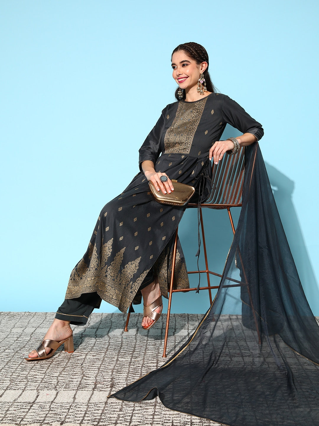 Sangria Ethnic Motifs Yoke Design Pleated Chanderi Silk Kurta with Trousers & With Dupatta - Grab2buy