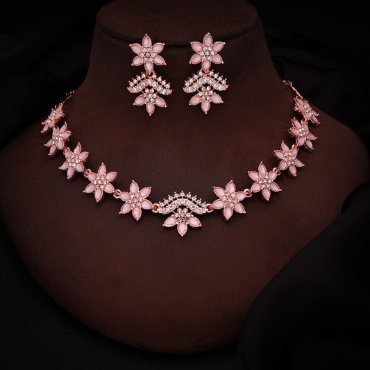 Tehzeeb Creations Baby Pink Colour Star Design Stone Studded Necklace With Earrings | Grab2Buy