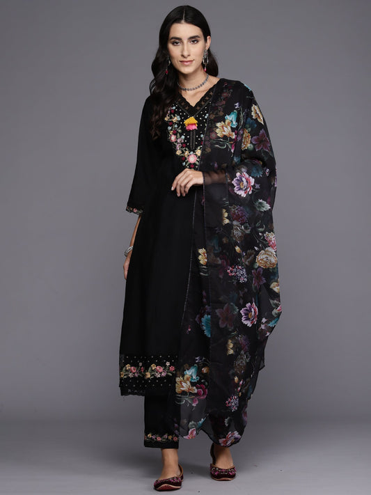 Indo Era Black Embroidered A-Line Kurta Trousers With Dupatta Set