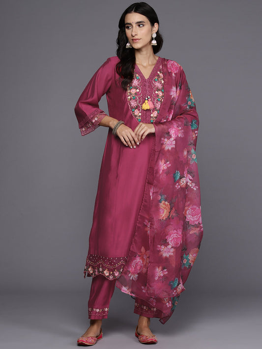 Indo Era Pink Embroidered A-Line Kurta Trousers With Dupatta Set