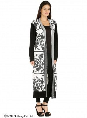 W for Woman White Leaf-Print Long Cardigan