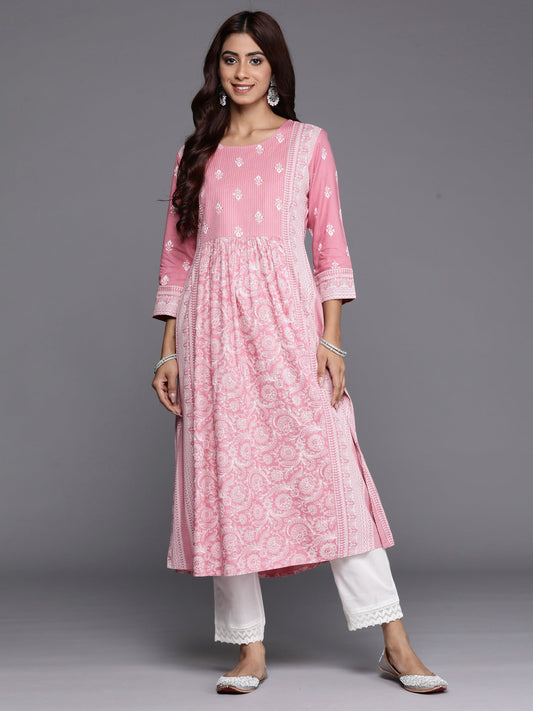 Indo Era Pink Printed A-Line Kurta