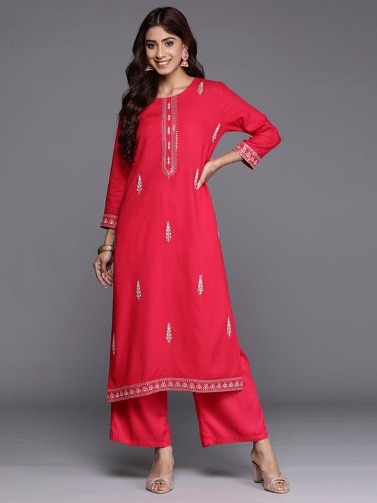 Indo Era Magenta Embroidered Straight Kurta