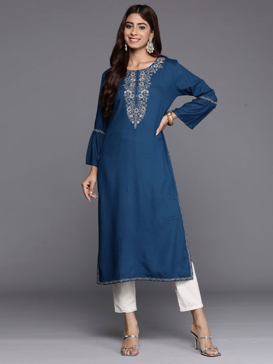 Indo Era Teal Embroidered Straight Kurta