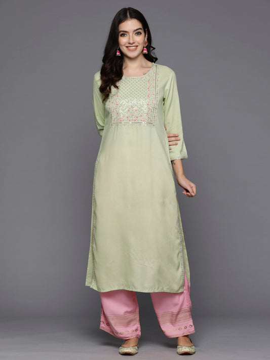 Indo Era Green Embroidered Straight Kurta