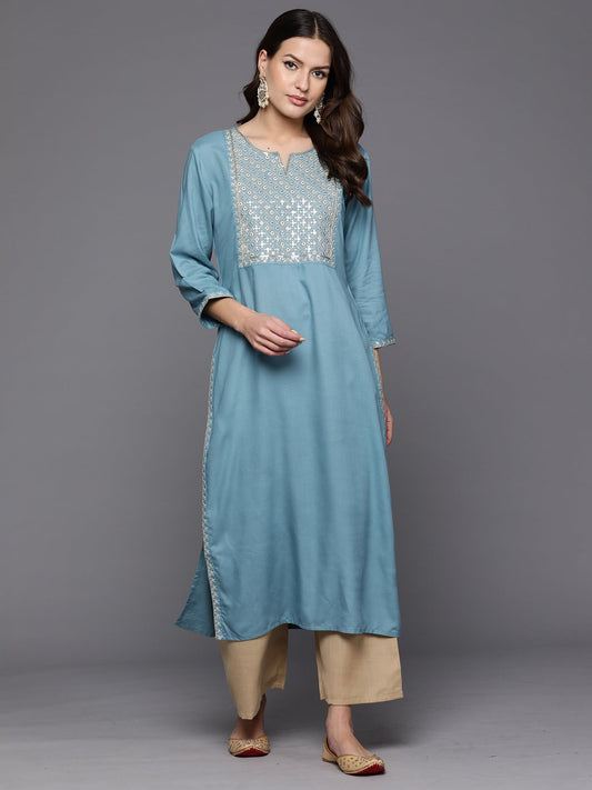 Indo Era Blue Embroidered Straight Kurta