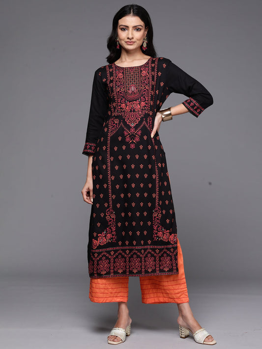 Indo Era Black Printed Straight Kurta
