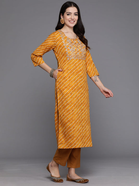 Indo Era Mustard Printed Straight Kurta Trousers With Dupatta set