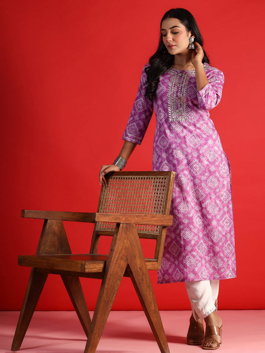 Indo Era Lavender Printed Straight Kurta