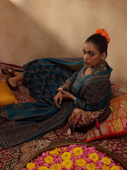 Indo Era Teal Printed A-Line Kurta Trousers With Dupatta set