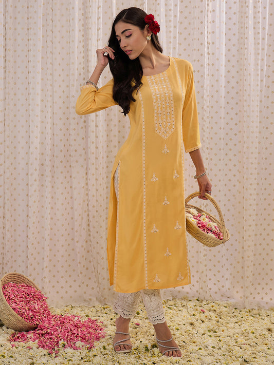 Indo Era Yellow Embroidered Straight Kurta