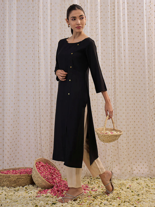 Indo Era Black Solid Straight Kurta