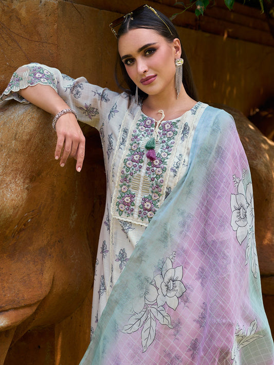 Indo Era Off White Printed Straight Kurta Trousers With Dupatta set