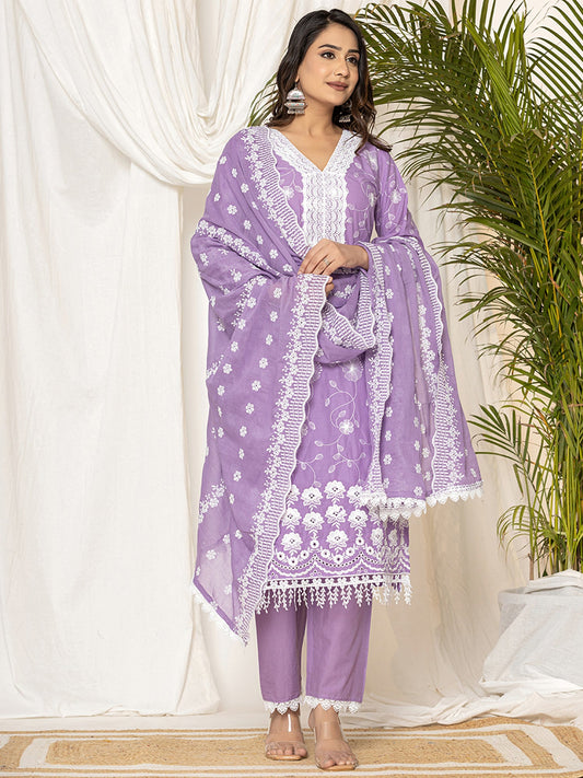 Indo Era Lavender Embroidered Straight Kurta Trousers set