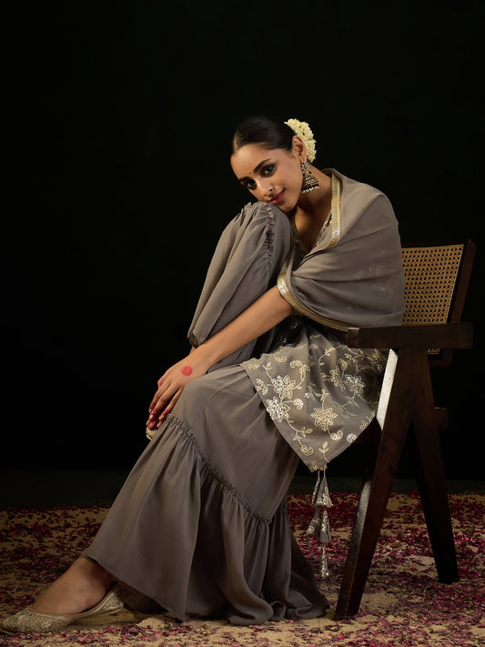 Indo Era Grey Embroidered Straight Kurta Sharara With Dupatta set