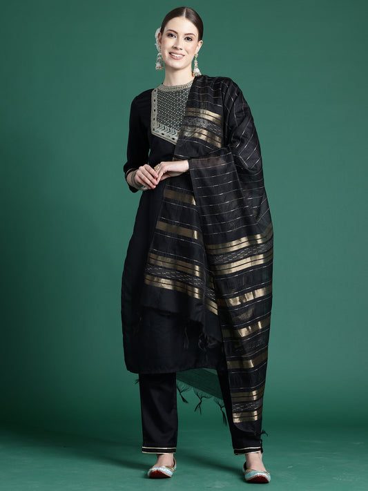 Indo Era Black Self Design Straight Kurta Trousers With Dupatta set
