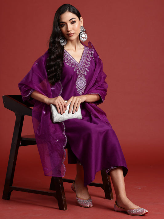 Indo Era Purple Embroidered Straight Kurta Trousers With Dupatta set
