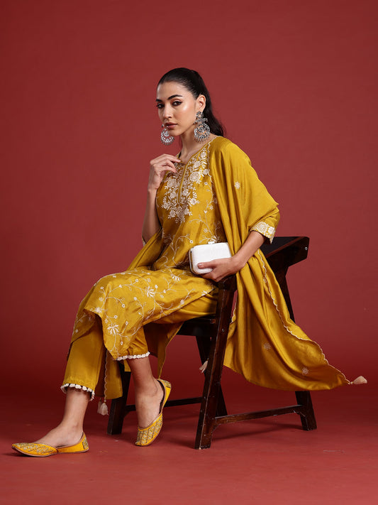 Indo Era Yellow Embroidered Straight Kurta Trousers With Dupatta Set