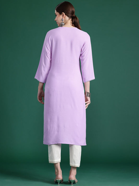 Indo Era Purple Embroidered Straight Kurta