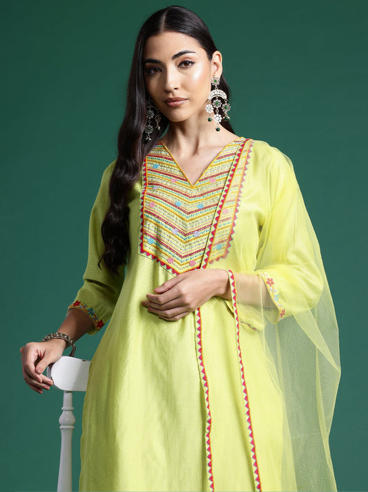 Indo Era Green Embroidered Straight Kurta Trousers With Dupatta Set