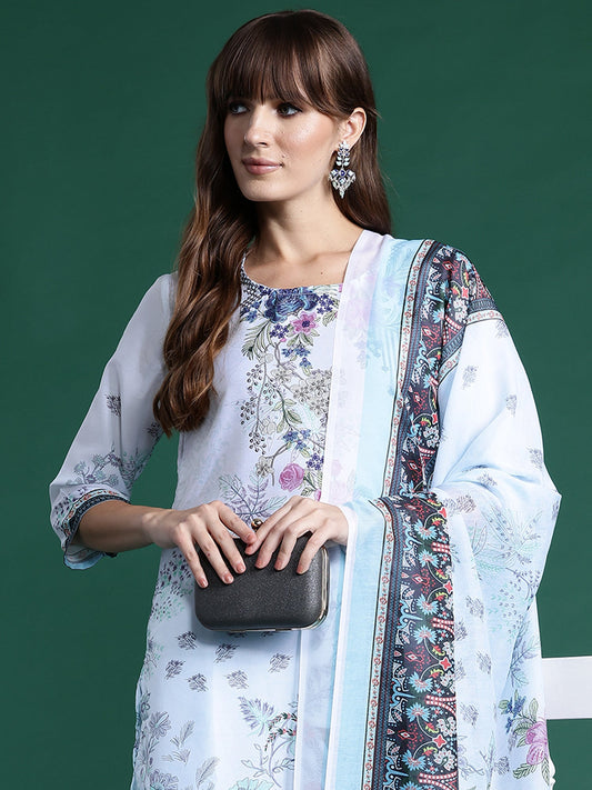 Indo Era Blue Printed Straight Kurta Trousers With Dupatta set