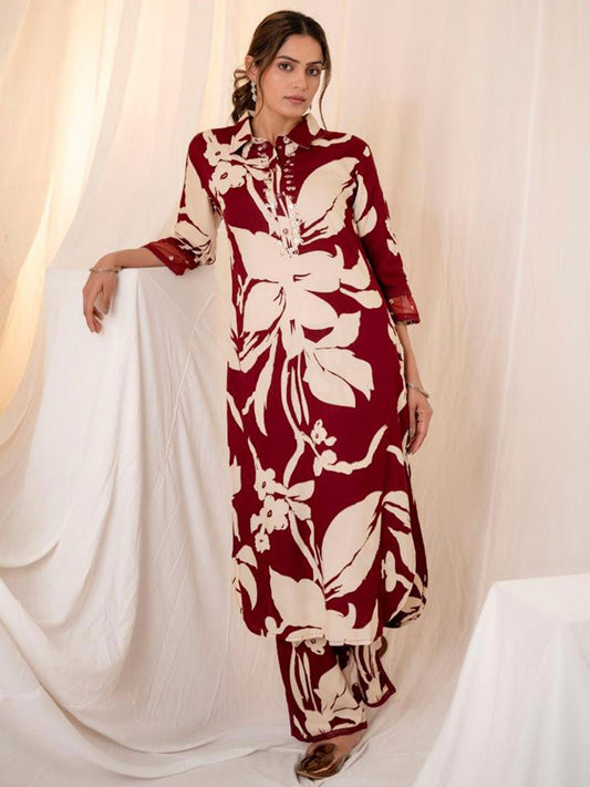 Indo Era Maroon Printed Straight Kurta Trousers set