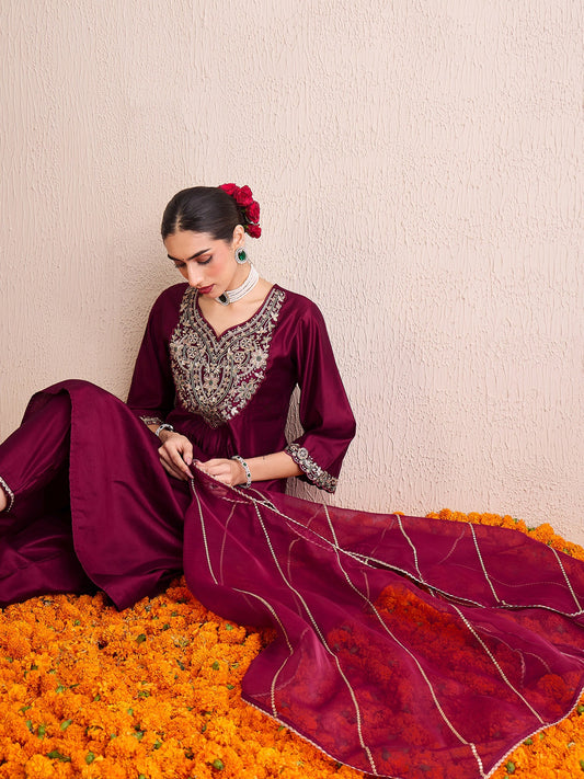 Indo Era Burgundy Embroidered A-Line Kurta Palazzos With Dupatta Set