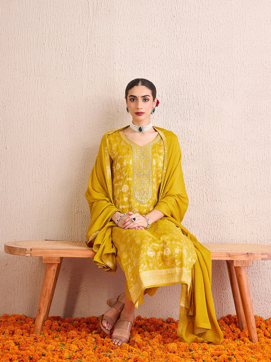 Indo Era Yellow Embroidered Straight Kurta Trousers With Dupatta set