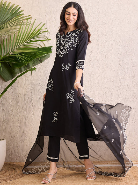 Indo Era Black Embroidered Straight Kurta Trousers With Dupatta Set