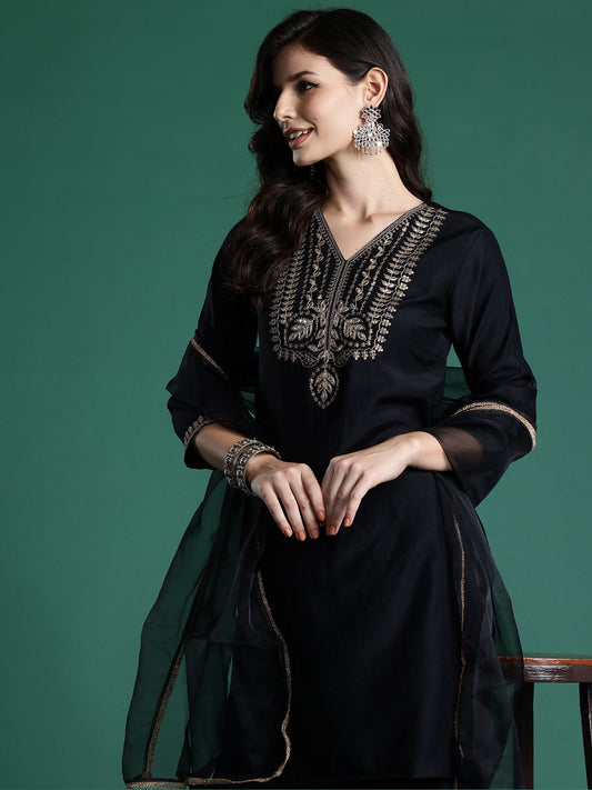 Indo Era Black Embroidered Straight Kurta Sharara With Dupatta Set