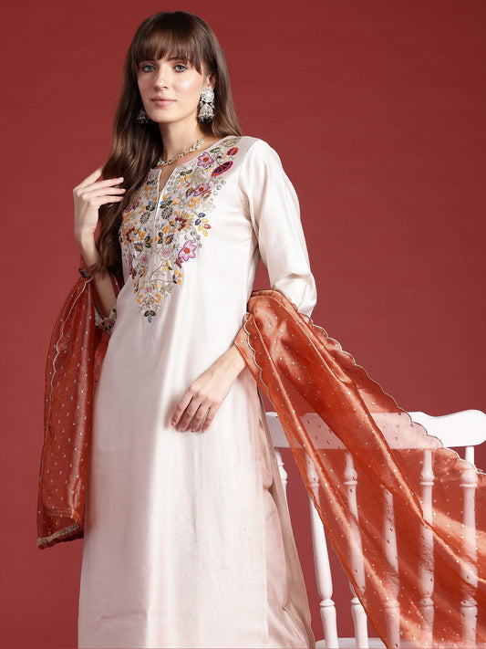 Indo Era Off White Embroidered Straight Kurta Trousers With Dupatta Set