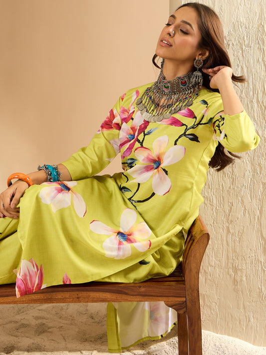Indo Era Olive Printed Straight Kurta Trousers Set