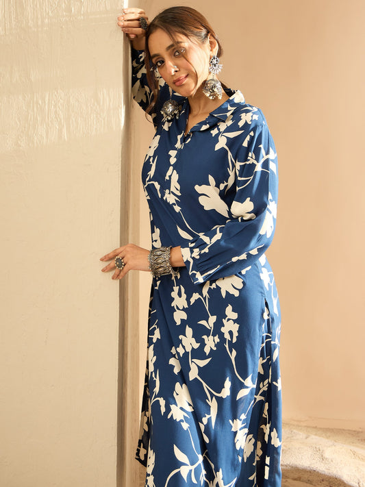 Indo Era Blue Printed Straight Kurta Trousers set