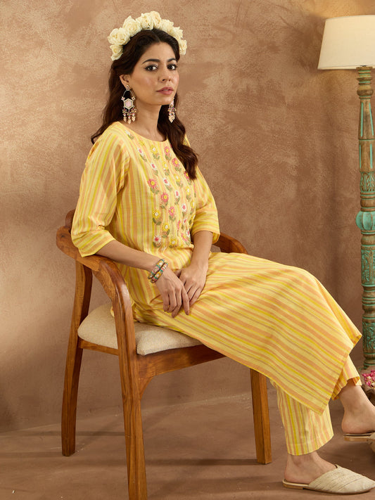 Indo Era Mustard Embroidered Straight Kurta Trousers Set