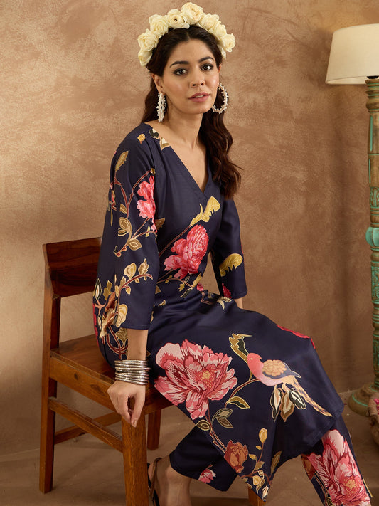 Indo Era Navy Blue Printed Straight Kurta Trousers Set