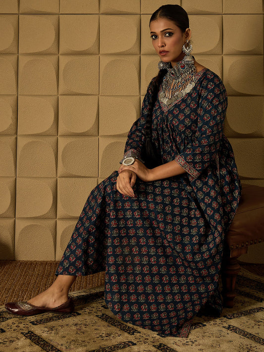 Indo Era Teal Printed A-Line Kurta Trousers set
