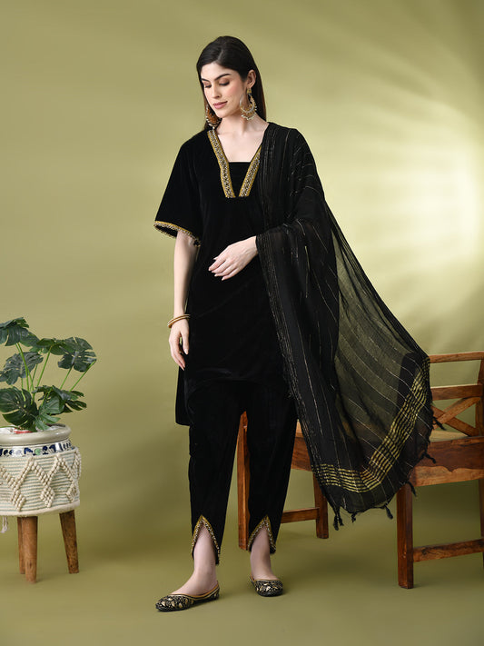 Myshka Women's Black Velvet Kurta Pant With Dupatta Set | Grab2Buy