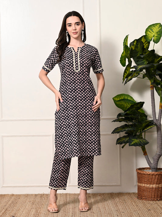 Myshka Women's Cotton Black Printed Kurta Set | Grab2Buy