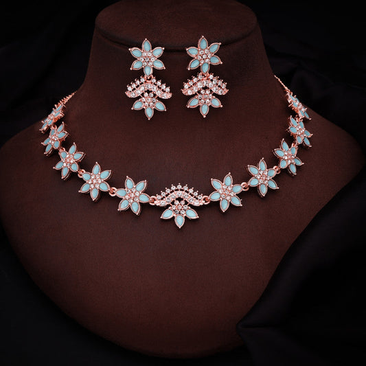 Tehzeeb Creations Sky Blue Colour Star Design Stone Studded Necklace With Earrings | Grab2Buy