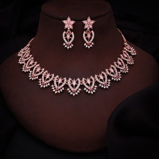 Tehzeeb Creations Baby Pink Colour Sparkle Stone Studded Necklace With Earrings | Grab2Buy