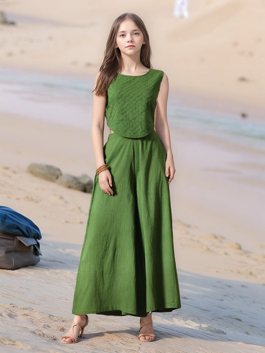 Myshka Girls Green Pure Cotton Sleeveless Schiffli Top with Flared Trouser